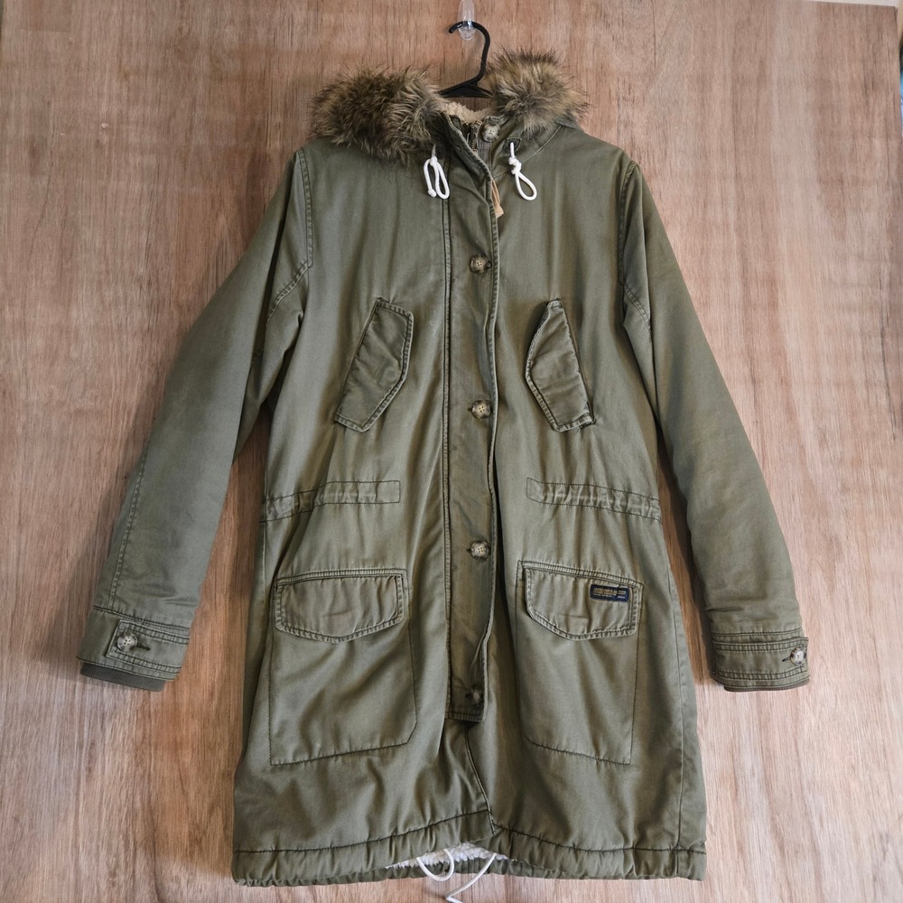 VTG Abercrombie & Fitch Olive Green Sherpa Lined Parka Faux Fur Hood Jacket L